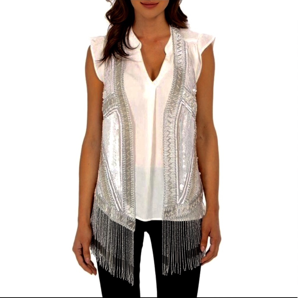 KAS New York Beaded embellished Fringe white Festival Vest XS